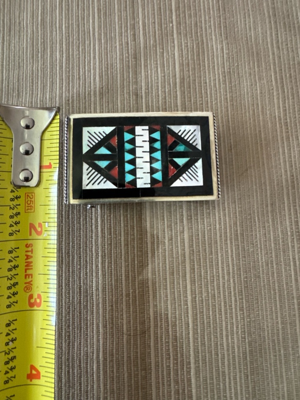 Geometric Inlay Rectangular Belt Buckle in Turquoise, Red & Black - Picture 3 of 4